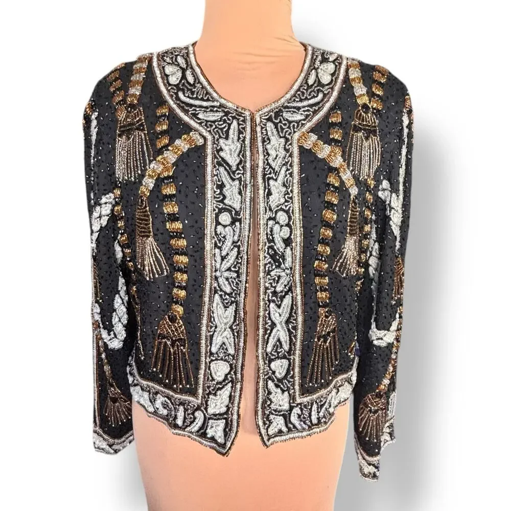 Vintage Silk Beaded Jacket‎ Black Gold 80s Luxury XL Maximalist Power Dressing